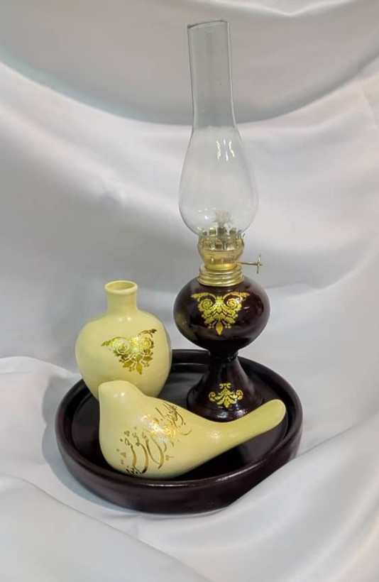 پک سینی سفالی چراغ و کوزه و پرنده