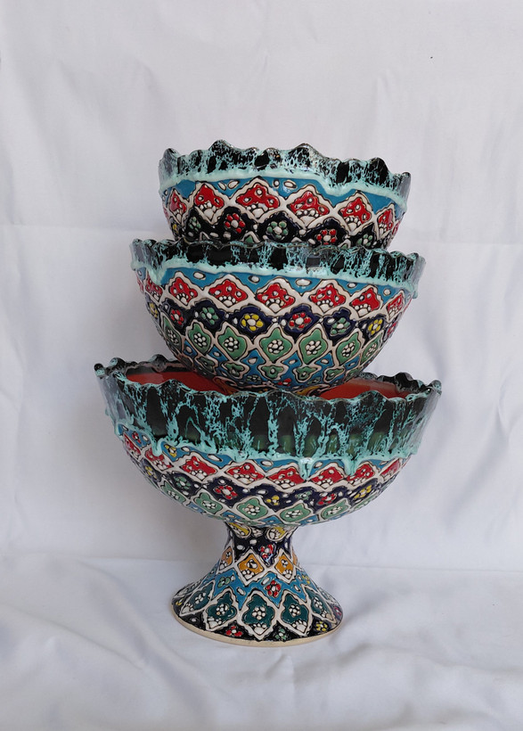 میوه خوری ۳ تیکه میناکاری سفالی