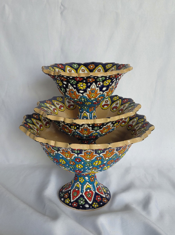 میوه خوری ۳ تیکه میناکاری سفالی