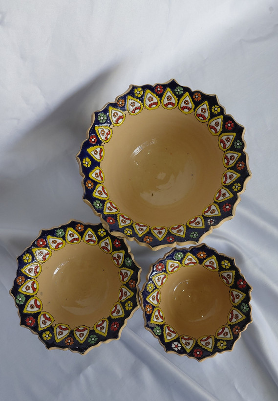 میوه خوری ۳ تیکه میناکاری سفالی