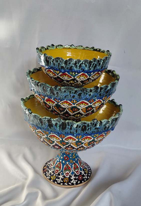 میوه خوری ۳ تیکه میناکاری سفالی