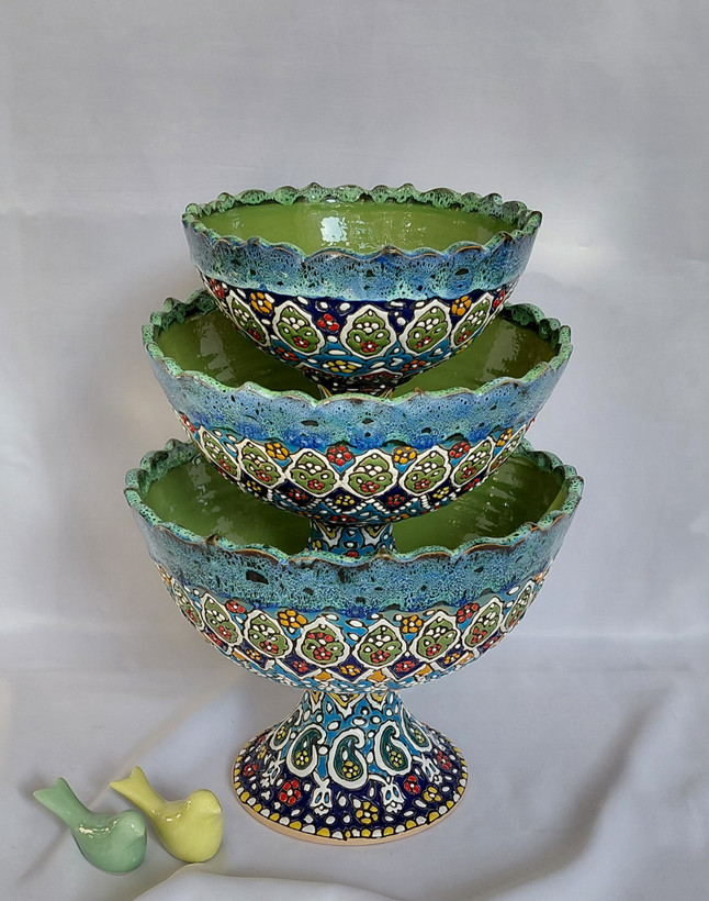 میوه خوری ۳ تیکه میناکاری سفالی