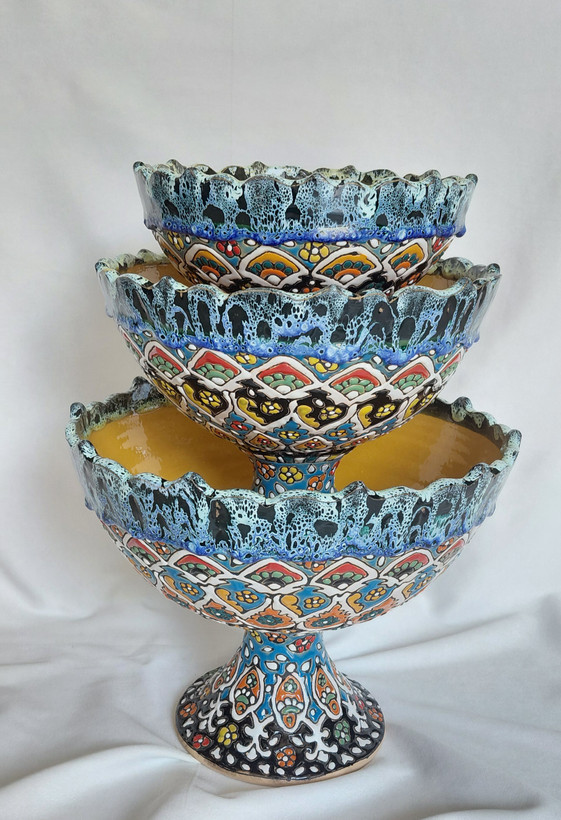 میوه خوری ۳ تیکه میناکاری سفالی
