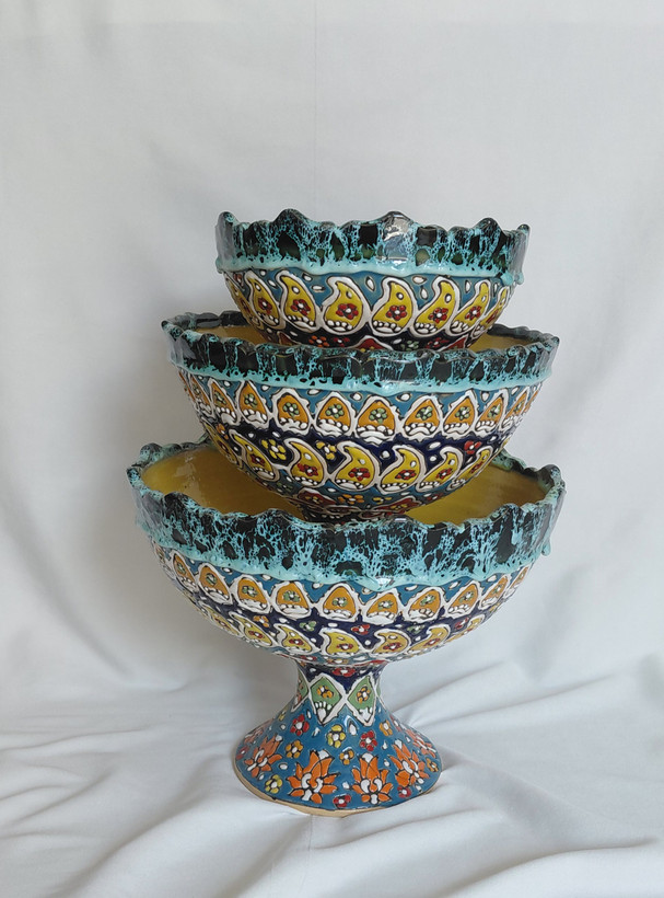میوه خوری ۳ تیکه میناکاری سفالی