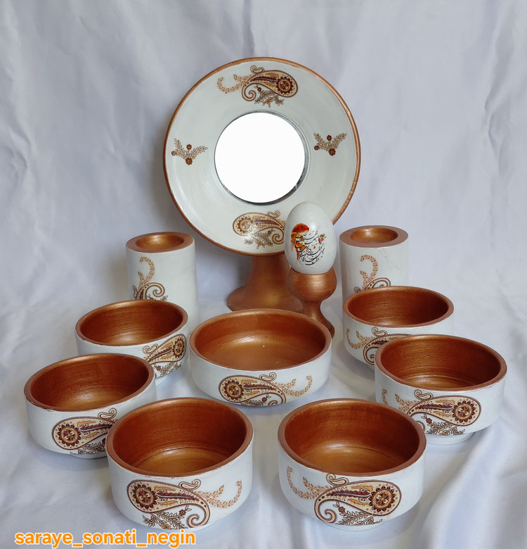 هفت سین سفالی طرح چوب و ترنسفر پایه دار و بدون پایه